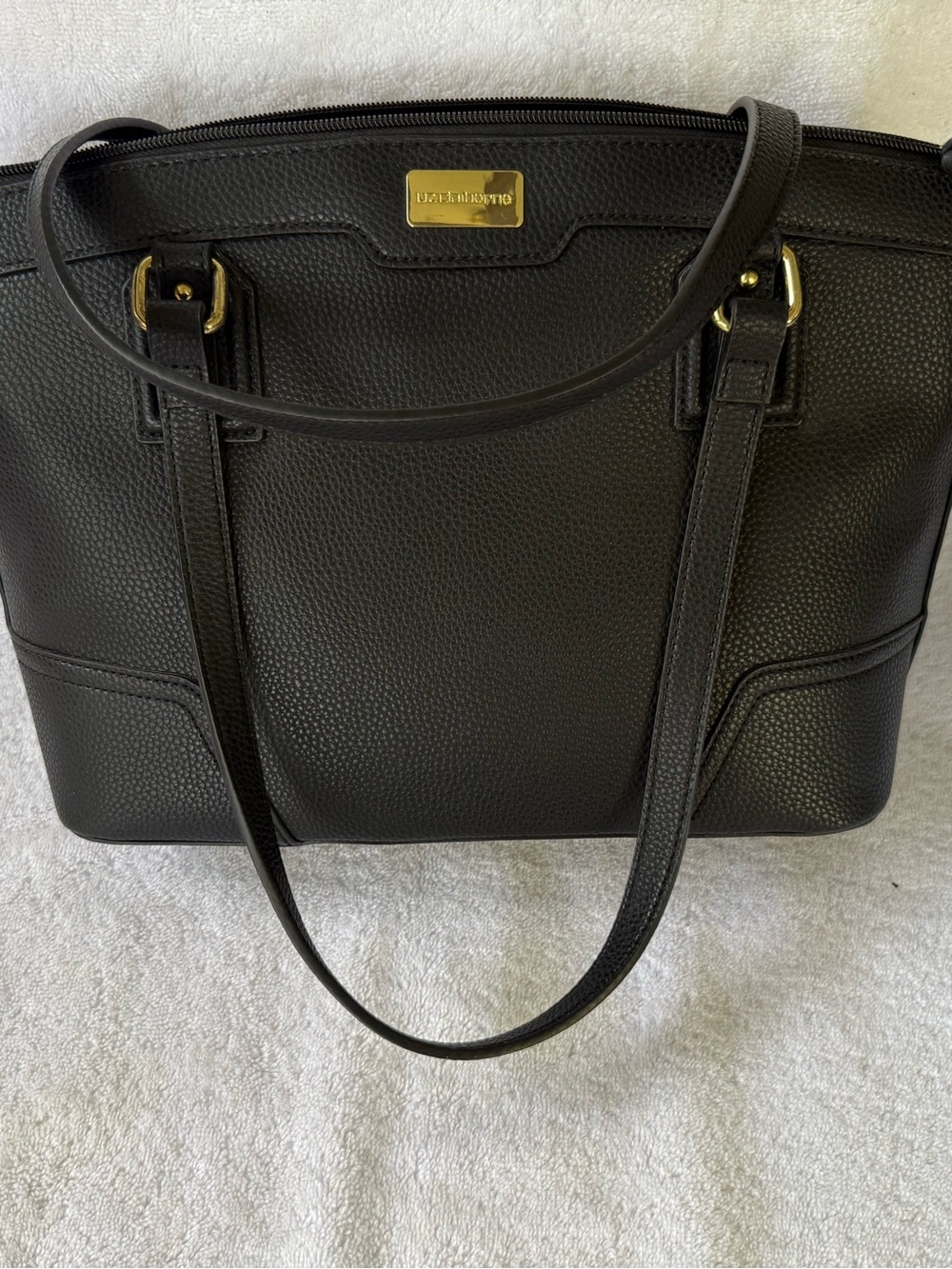 NWOT Liz Claiborne Black Vegan Leather Zip Top Tote Bag Work Travel 15”